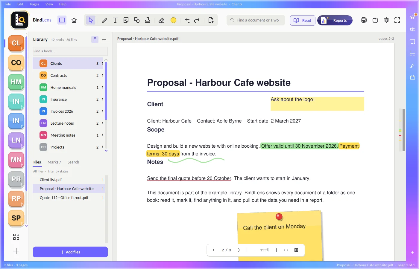 A book open in BindLens: a client proposal with highlighted lines, an underlined line and sticky notes.