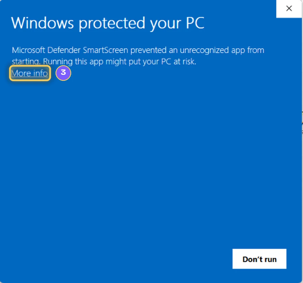 The blue Windows window, with More info marked in gold.