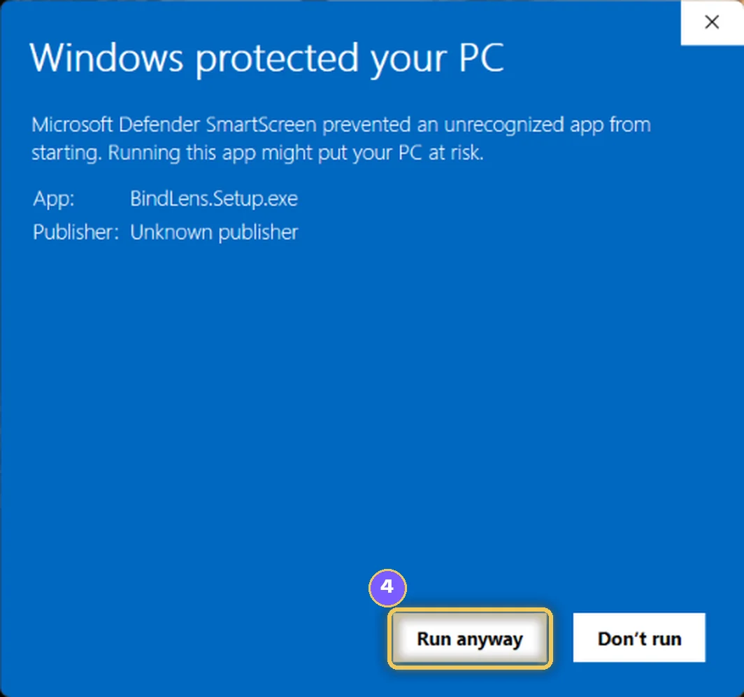 The blue Windows window after More info, with Run anyway marked in gold.