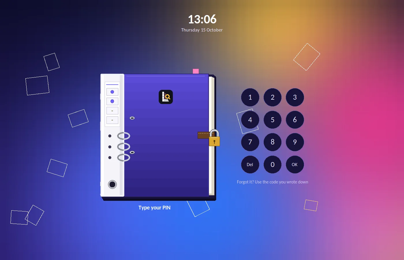 The PIN screen: a ring binder with a small padlock and a number pad, over moving colours.